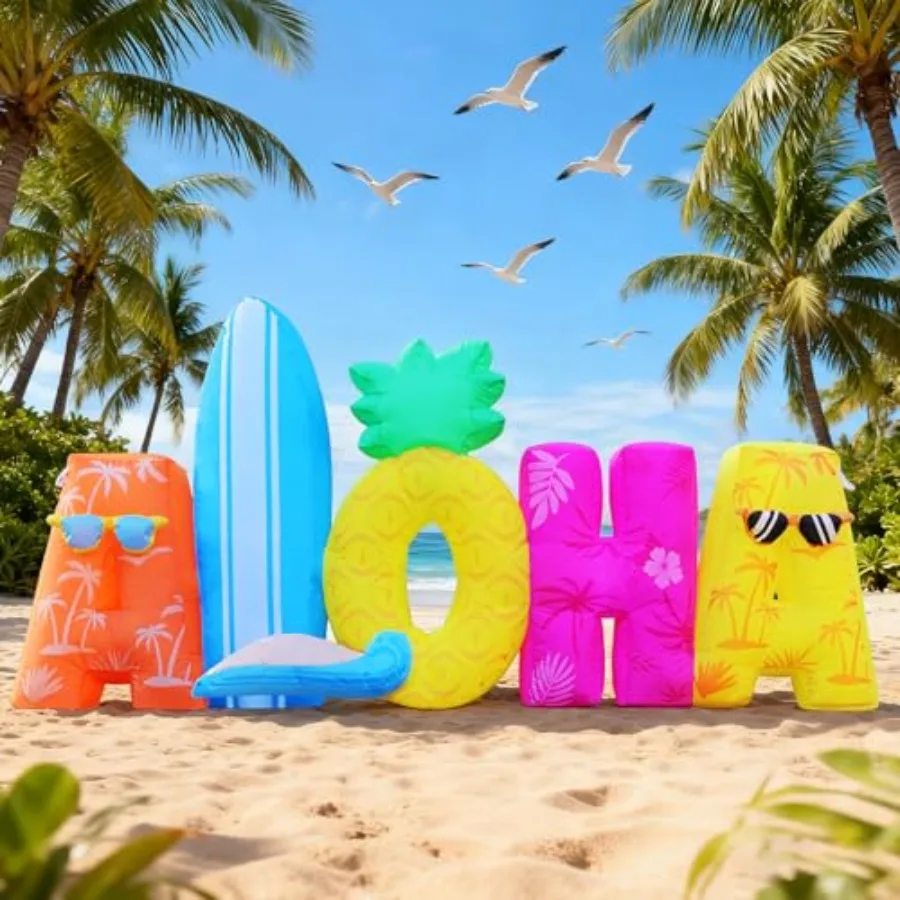 

6FT Tiki Luau Inflatables for outdoor tropical beach parties, PVC material, brown and white, built-in LED lights for night visi