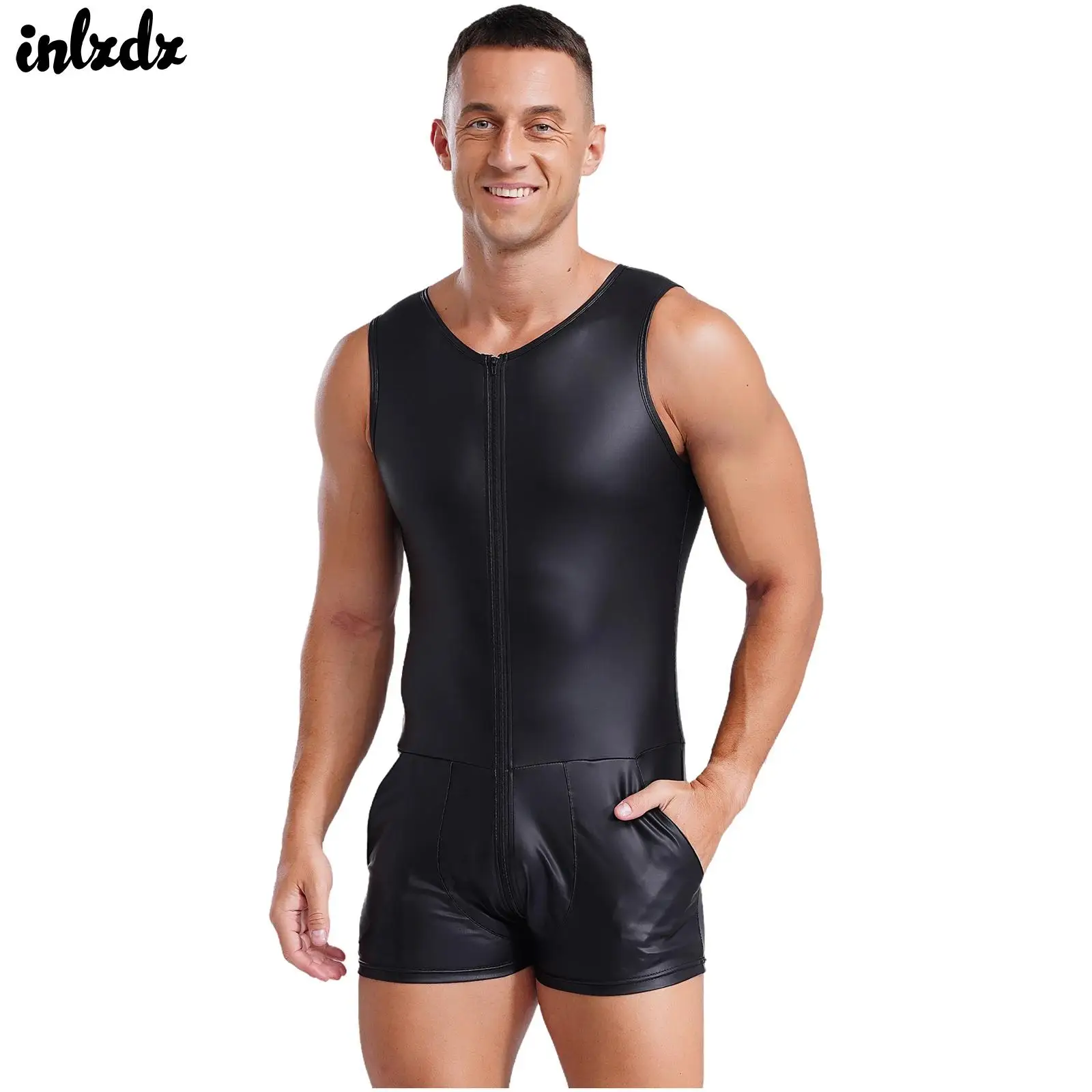 Sexy Men Faux Leather Bodysuit Nightclub Costumes Erotic Lingerie Tights Pouch Leotard Clubwear Zipper Open Crotch Jumpsuit