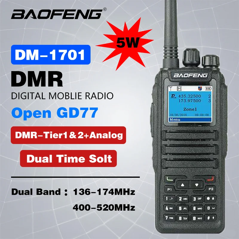 

Baofeng DM-1701 DMR Digital Walkie Talkie Dual Mode Long Range Analog Two Way Radio Open Gd77 Dual Time slot Tier 1&2 Radio