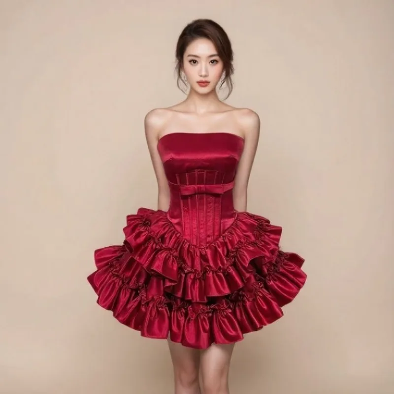 Red Strapless Birthday Party Dress High-end Light Luxury Chic Temperament Socialite Fluffy Princess Wedding Dresses for Women