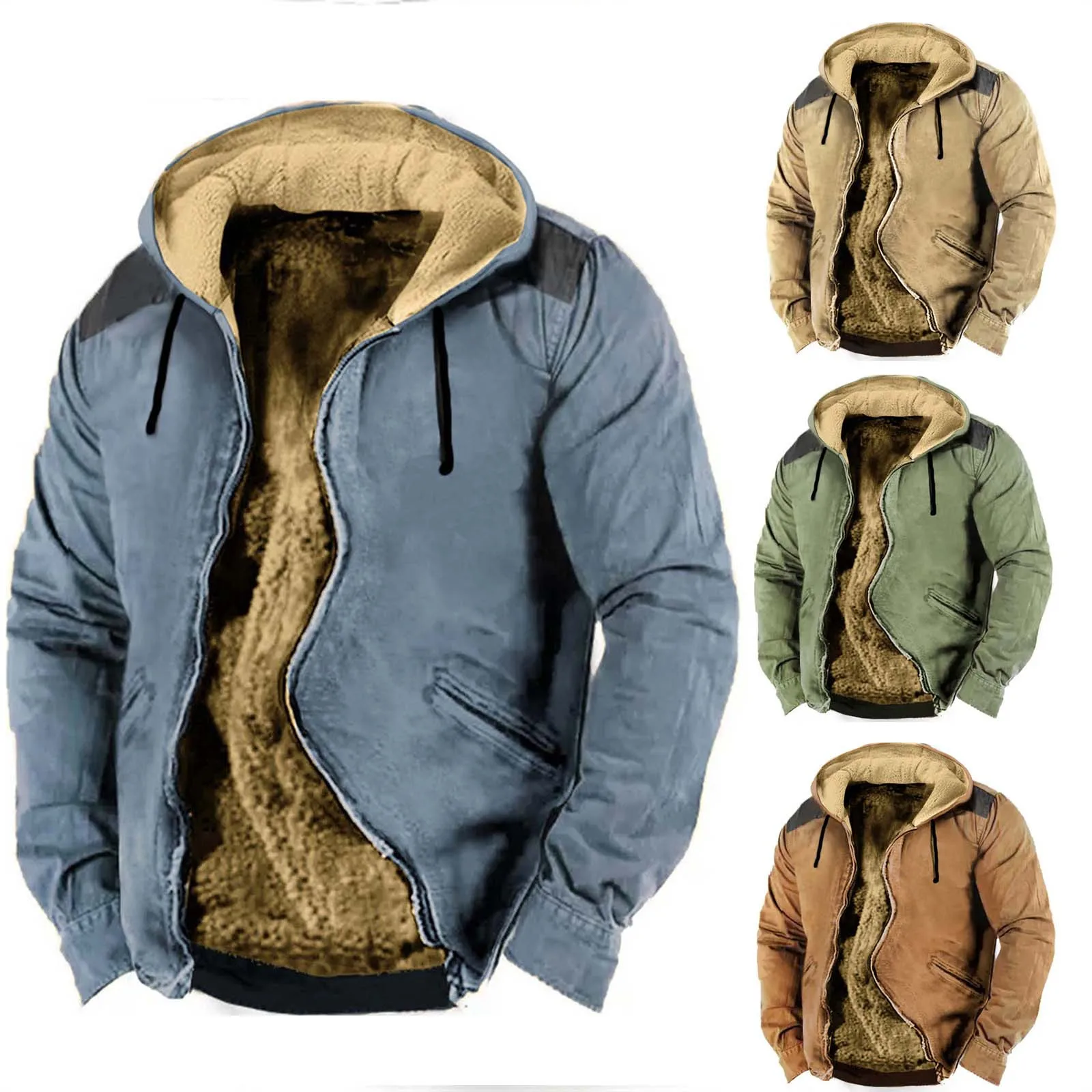 Men's Winter Fashion Casual Color Matching Hooded Zipper Up Loose Lambswool Thick Warm Sweatshirt Hoodie Jacket With Pocket