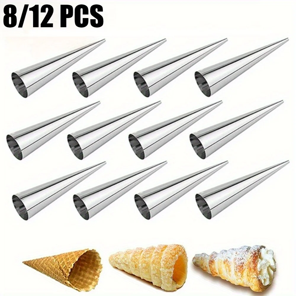 Moldes de Acero Inoxidable para Crema Helada de 8/12 Piezas, Conos Resistentes para Hornear Helados, Croissants y Pasteles, Antiadherentes