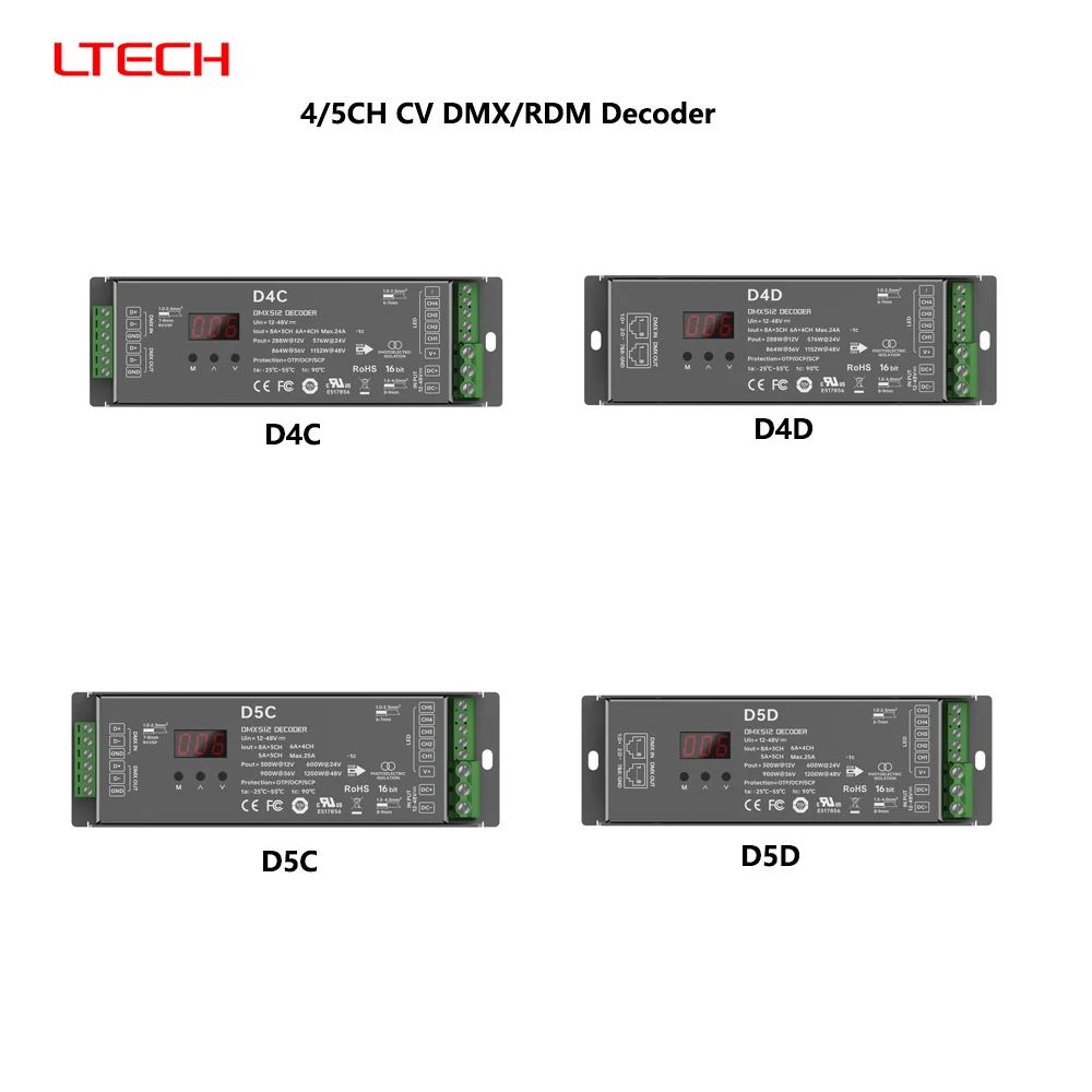 

LTECH D4A DC12-48V DMX/RDM 3/4/5CH 6A/CH CV 16bit DMX512 Цифровой дисплей RJ45 4In1 ШИМ-декодер для светодиодных ламп DIM/CT/RGB/RGBW