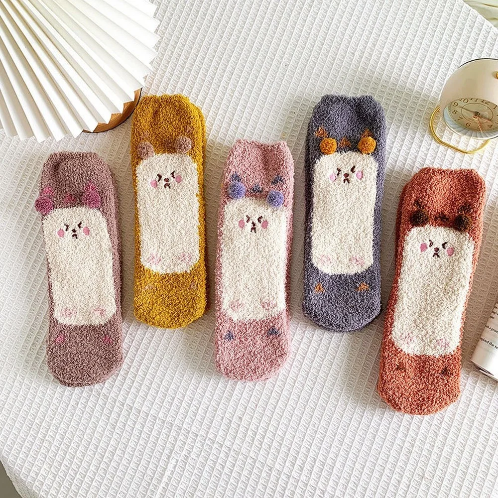 

5 Pairs New Cute Hedgehog Coral Fleece Sleeping Floor Socks Three-dimensional Embroidery Cartoon Furry Sweet Beauty Women Socks