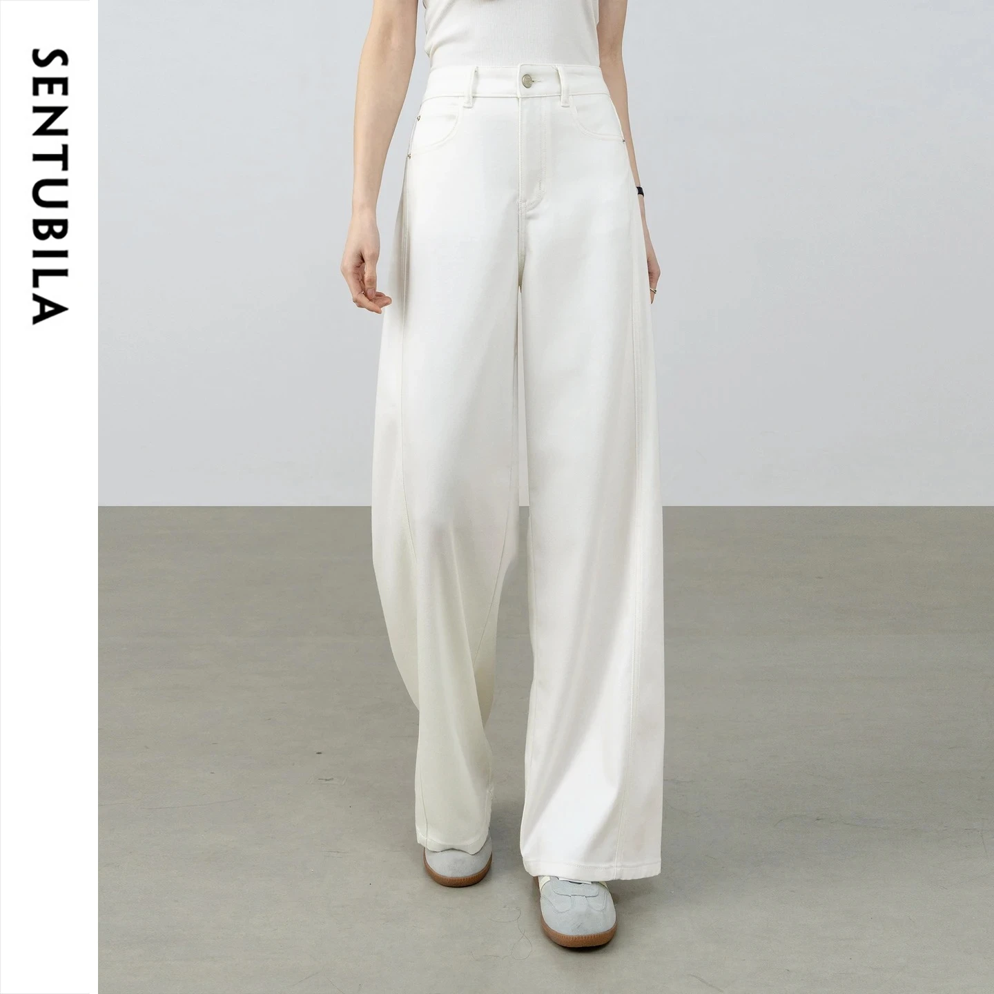 SENTUBILA Women's Lyocell Jeans 2026 Summer Fashion Retro High-Waisted Slimming White Trousers Simple Versatile W62NA6536