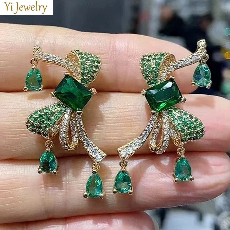 

Bowknot Earrings for Women Luxury Jewelry Green Pink White Zircon Copper Symmetrical Small Water Drop Earrings Gift Female