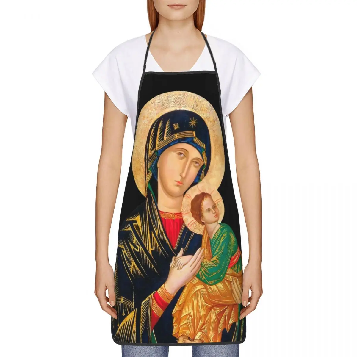 Custom Our Lady Of Perpetual Help Funny Aprons Men Women Catholic Virgin Mary Unisex Chef Bib Tablier Cuisine Cooking Baking