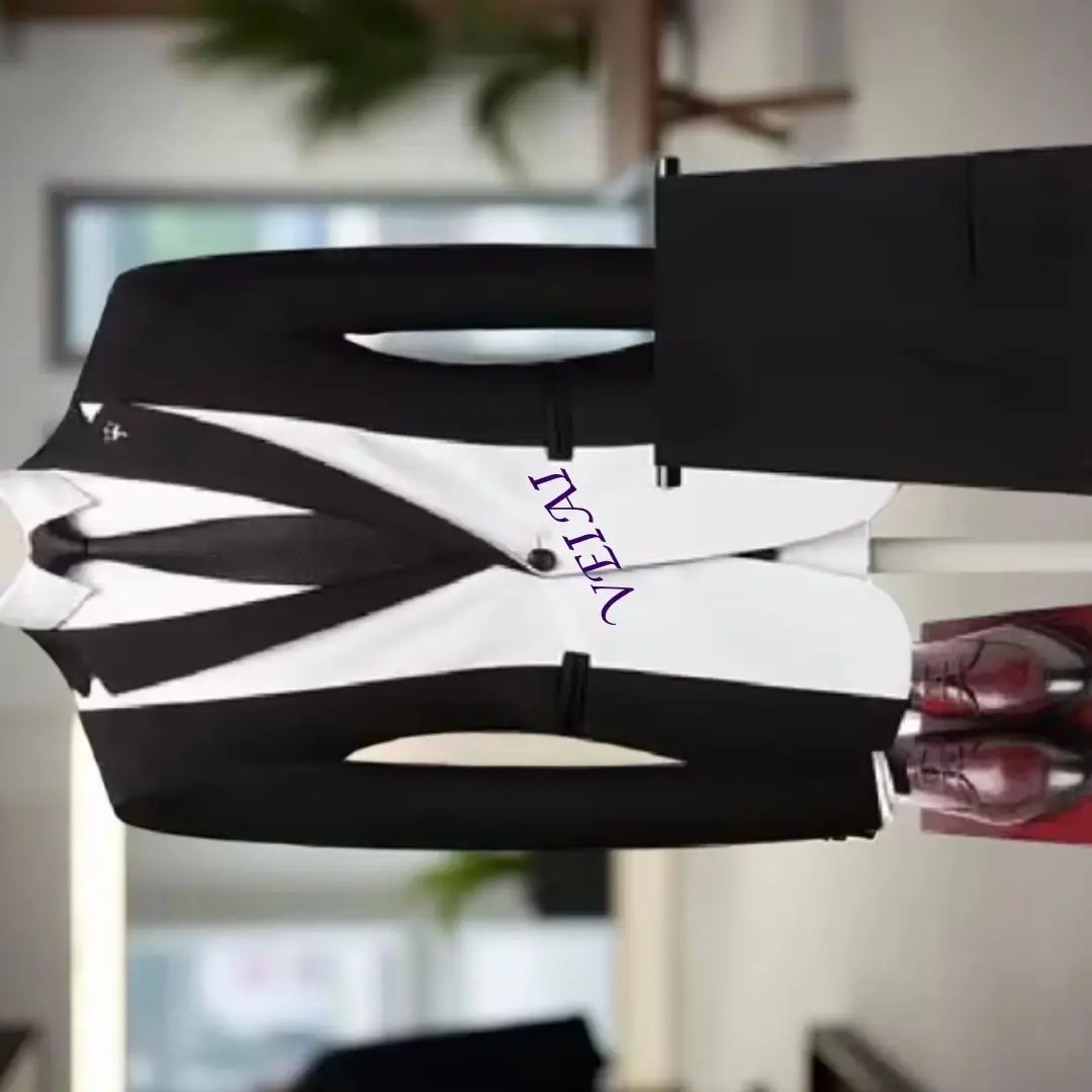 

Customized Black And White Men's Tuxedo Suit One Button 2-Piece Set Groom Fashion Jacket And Pants Formal Occasion