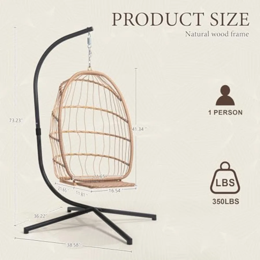 Foldable Wicker Rattan Hanging Egg Chair with Stand Footrest for Indoor Outdoor Use UV-Resistant Cushion 350 lbs Capacity Beige