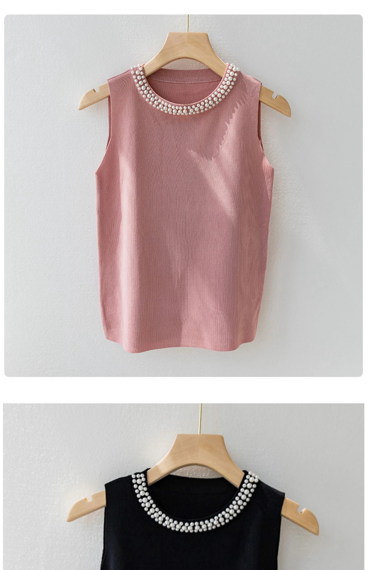 Korea Gestrickte Westen Frauen Top Solide Tank Blusas Mujer De Moda Sommer Neue Mode Weibliche Ärmellose Perlen Casual Dünne Tops – Detail 9