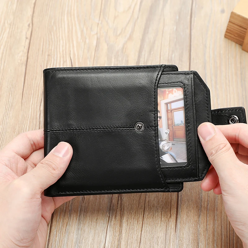 Black Casual Short Genuine Leather Wallet For Men Multi-Functional Zipper Pocket Card Holder Slot Large Capacity Wallets