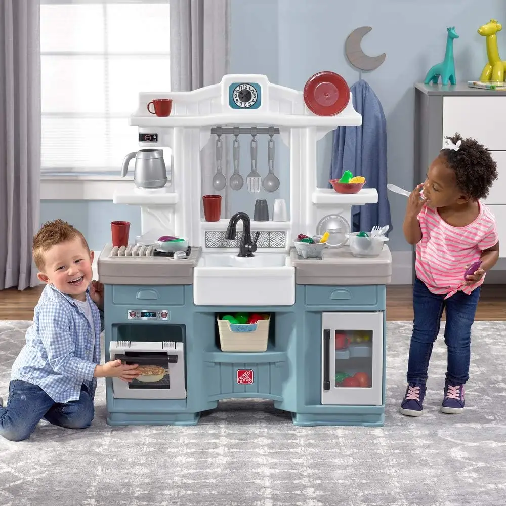 Juego de cocina de tendencia atemporal para niños, cocina para interiores y exteriores, juego interactivo con luces y sonidos, hecho de plástico duradero