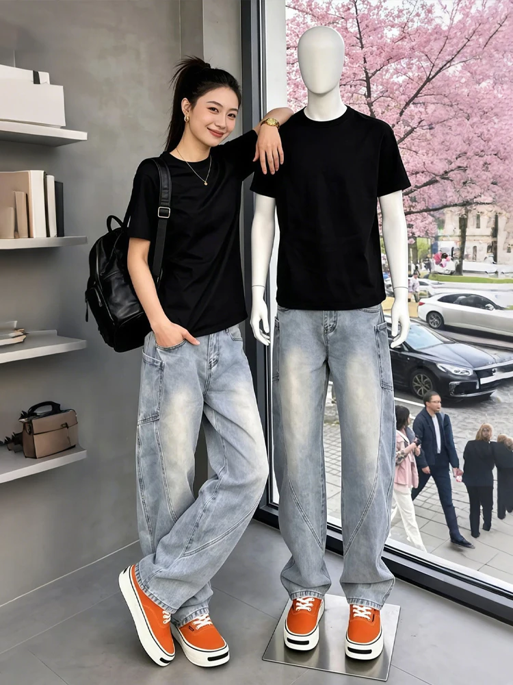 

Мужские джинсы American Washed Light Blue: модные широкие брюки в стиле High Street, рабочие штаны Cleanfit, прямой крой, свободный силуэт