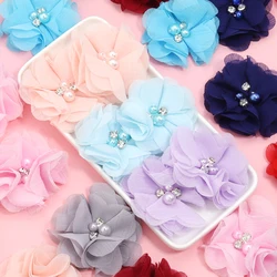 4pcs Color Chiffon Fabric Flower 6cm Imitation Pearl Artificial Flower With Rhinestone for DIY Sewing Crafts Garment Accessories