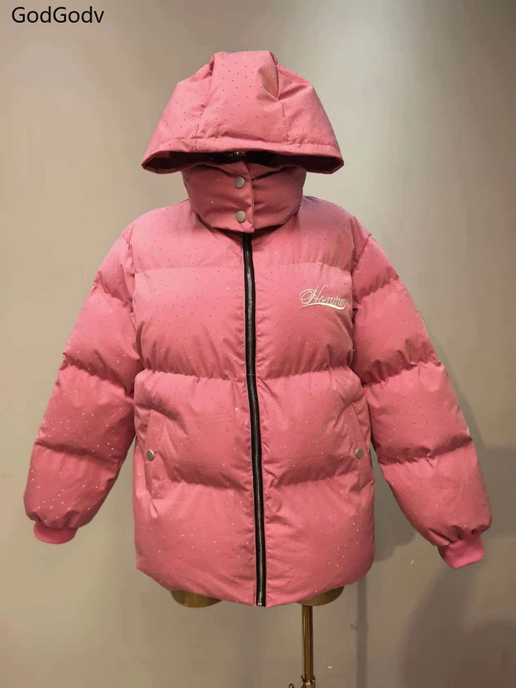 Autumn Winter Harajuku Pink Retro Jacket Thick Warm Coat Women Vintage Zip Up Outerwear Loose Coat Female Korean Popular Clothes