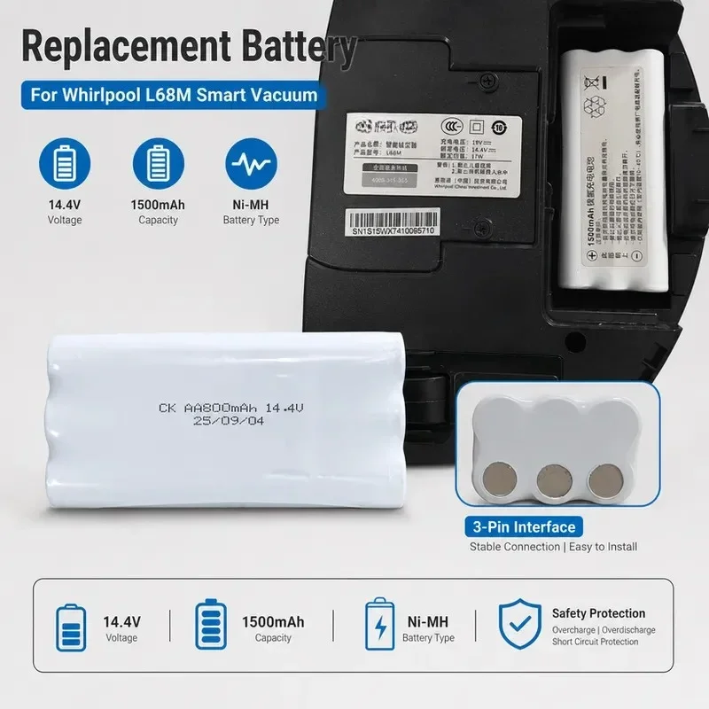 [NEW]  for Whirlpool L68M Smart Vacuum Cleaner Battery 14.4V 1500mAh Rechargeable Ni-MH Battery Pack Replacement