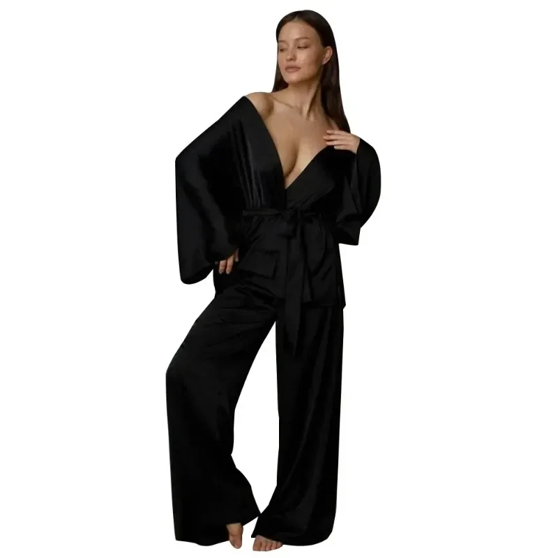 Blubelle couleur unie à manches longues pantalon pyjama 2 pièces ensemble femmes automne hiver à lacets chemise de nuit confortable maison vêtements