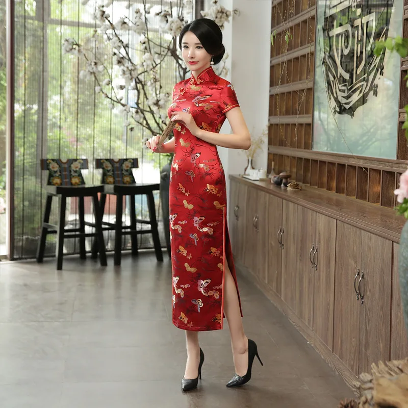 

Китайское платье Cheongsam с длинным принтом, элегантный ретро-костюм с короткими рукавами