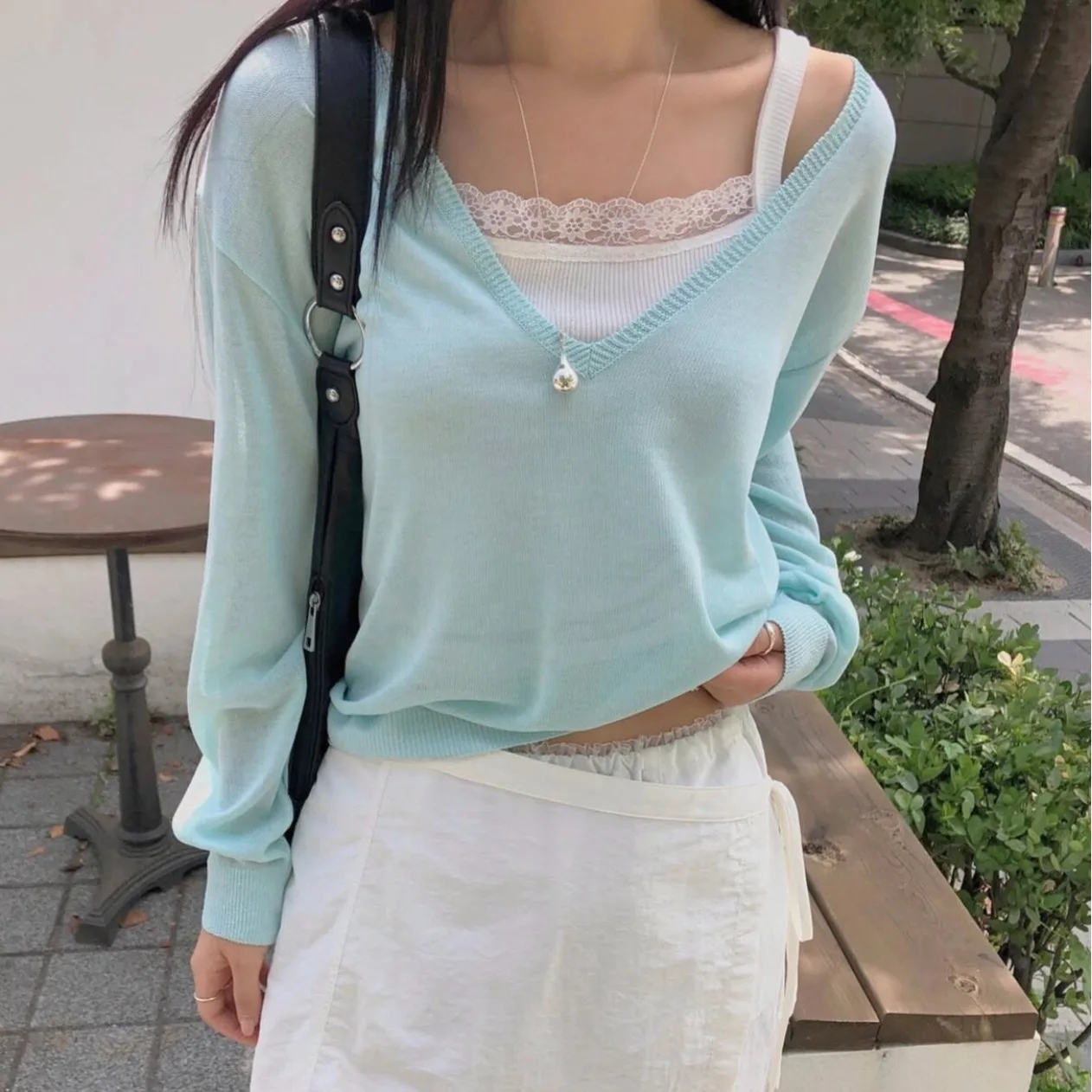 Summer New Style Thin Long Sleeve V-Neck Knitted Top Loose Feeling Transparent Women's Polyester Fiber 100% Overhead Wear