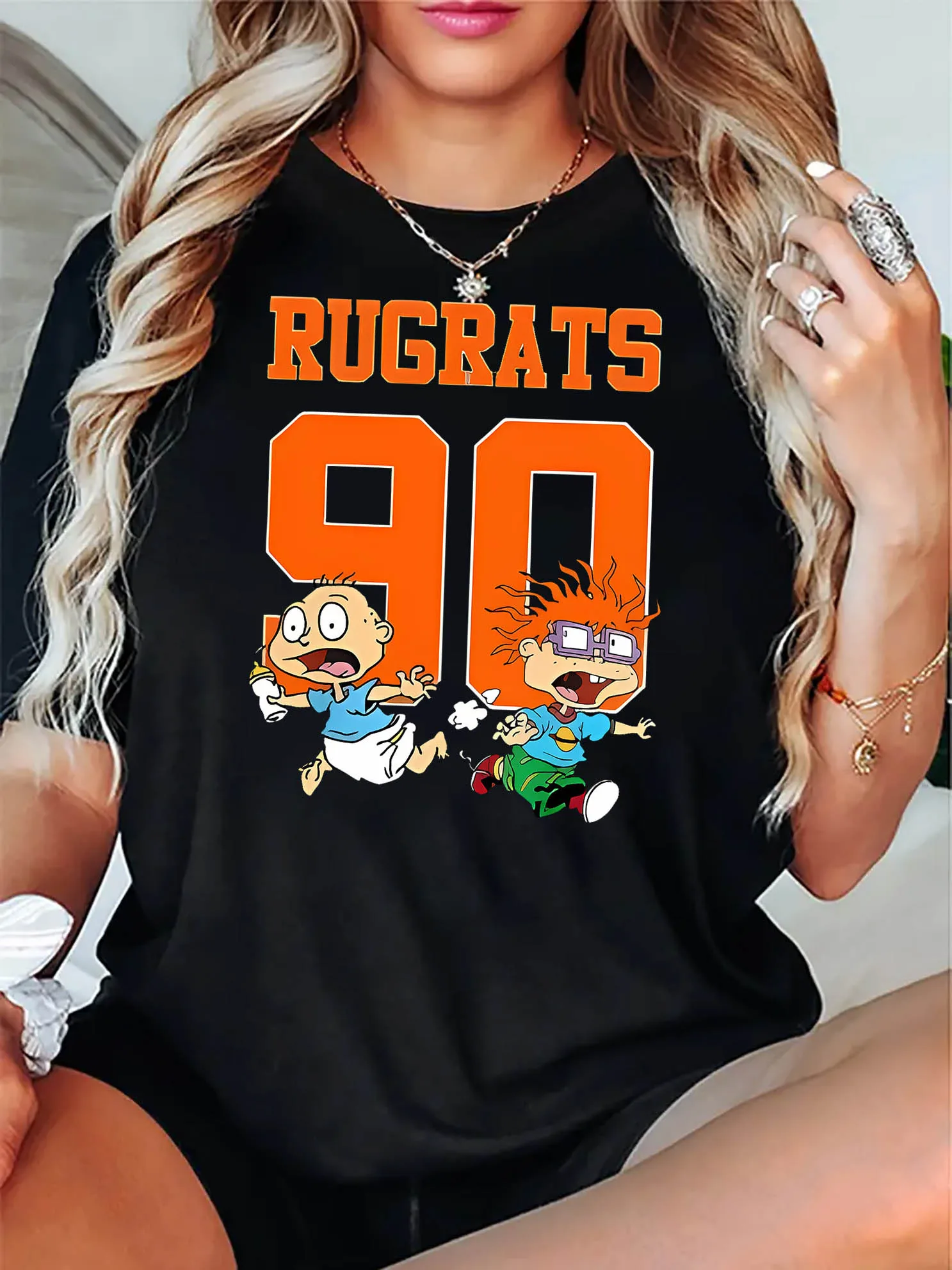 RUGRATS رسائل الكرتون الرجال تي شيرت الصيف معطف اليومي موضة الاتجاه النساء الملابس 100% القطن Y2k ملابس قصيرة الأكمام المحملة