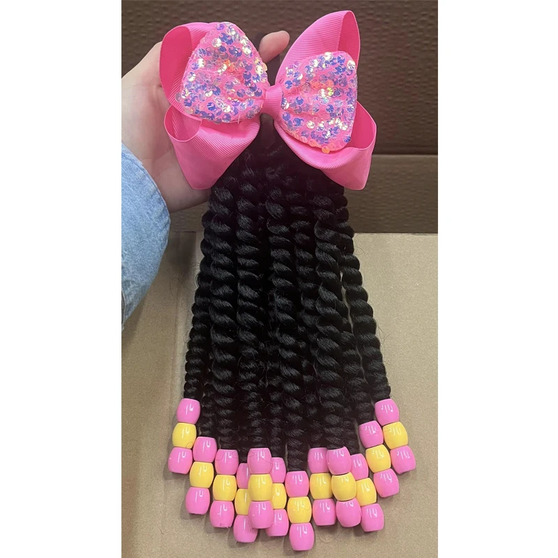 2PCS  Hair 2024 New Little Girls Braided Ponytails with Beads Kids Girls Hair Bow Glitter Shinny Shining with Big Balls Bubbles