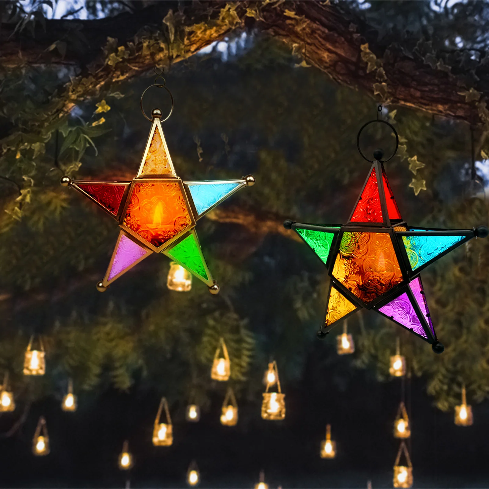 Hung Star Lantern Moroccan Style Colorful Tea Light Five-pointed Star Glass Lantern Candle Holder For Home Patio Garden