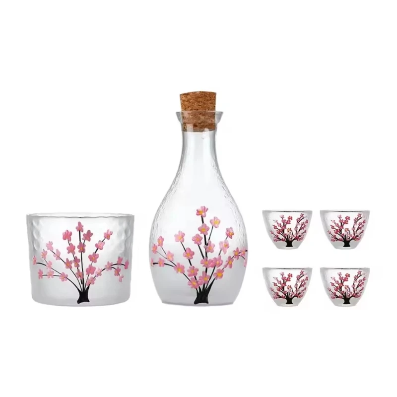 E8BD Japanese Clear Glass Sake Pot Set Liquor Bottle And Matching Cups Warming