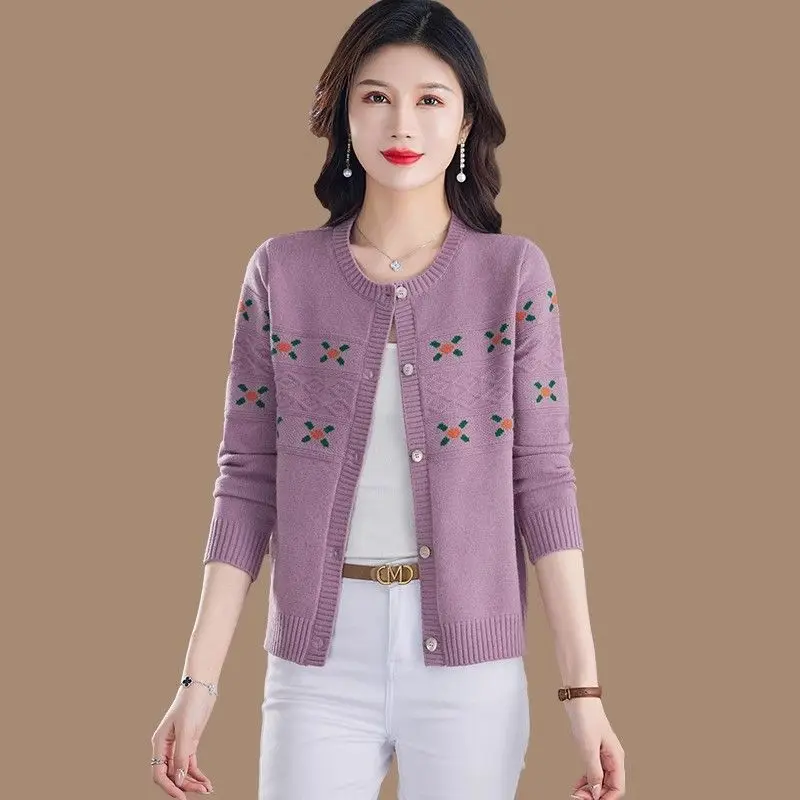 Fashionable Ethnic Style Women\'s Spring and Autumn Short Knitted Jacket Round Neck Mother\'s Women\'s Sweater Cardigan Simple