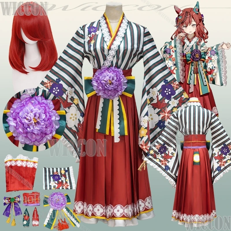 

Nice Nature Cosplay Umamusumee Anime Pretty Game Derbyy Japanese Kimono Kawaii Flower Pattern Retro Dress Wig Navidad Carnival