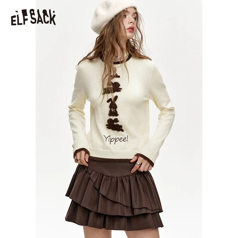 ELFSACK 2024 Winter New Arrivals Crew neck faux plush bunny print short knitted pullover