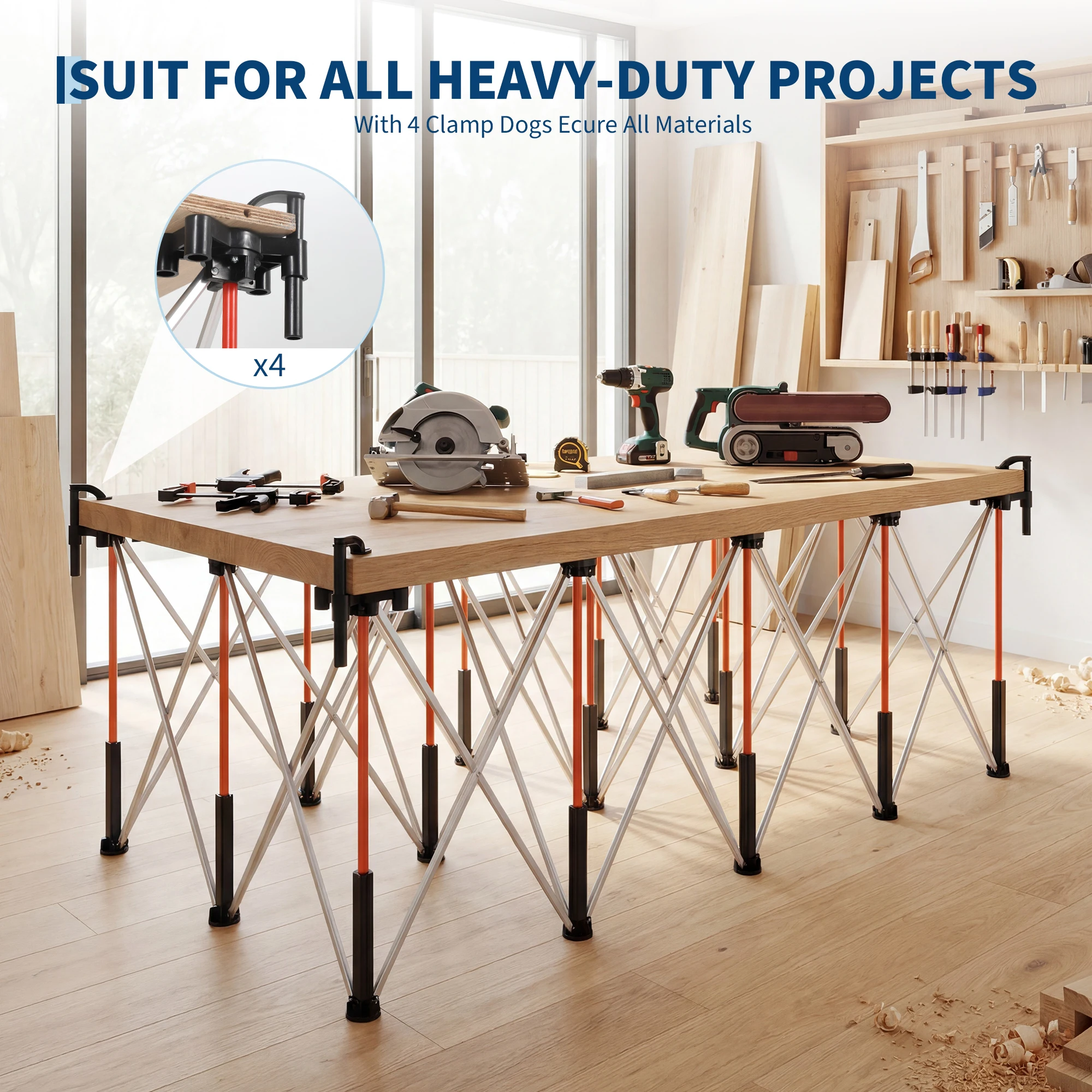 Portable Folding Workbench 4x2 ft, 2500lbs Capacity | Stable 6-Leg Collapsible Work Stand with Quick Clamps, No Assembly, for Woodworking & Jobsite