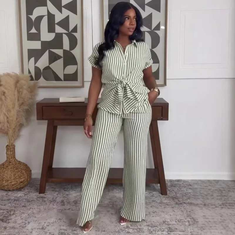 African Women's Green Striped Co-ord Set Summer Tie Waist Button Up Shirt + Wide Leg Pants Casual Elegant Outfit For Daily Wear