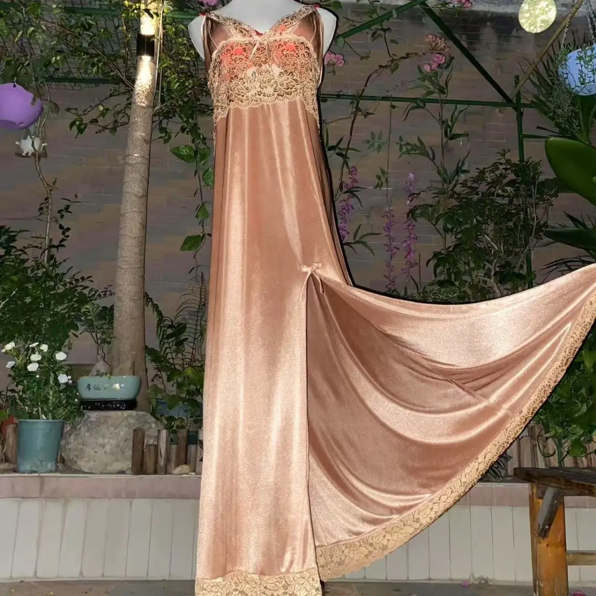Glossy V Neck Lace Women Satin Loose Maxi Dress Sleeveless Plus Size Sexy Sleeping Robe