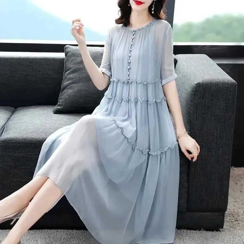 Chiffon Dress Women's Summer 2024 New High end Lady Loose Large Size Elegance Slim Mid length Skirt Age reduction fashion