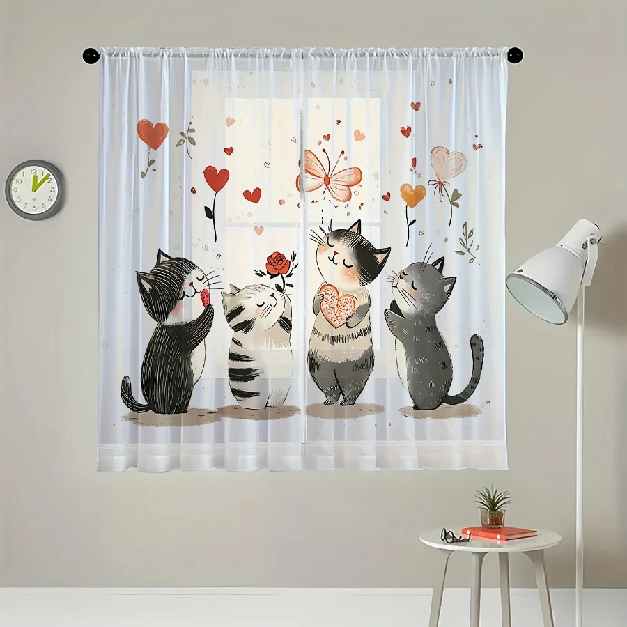 2PCS Digital Print Sheer Curtain, Beautiful Four Cats, Vintage Floral Window Curtains for Living Room Bedroom Home Decor