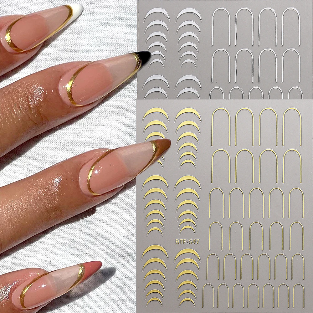 3D French Tips Nail Stickers Gold Silver Curve Lines Nail Decals Marble Foil Metallic Silver Polish Stripe Manicure Wrap BTF-S47