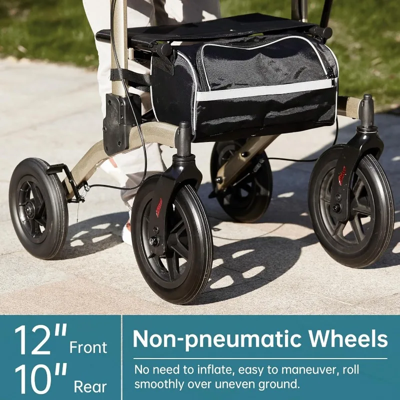 All-Terrain Upright Rollator Walker, Stand up Rolling Walker with Seat, 12” Non-Pneumatic Tire Wheels, Compact Folding Design