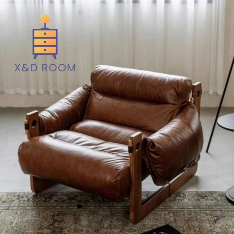 X&D Nordic Retro Single Solid Wood Sofa Chair, Living Room Designer Casual Leather Lounge Chair Simple Modern Small Apartment