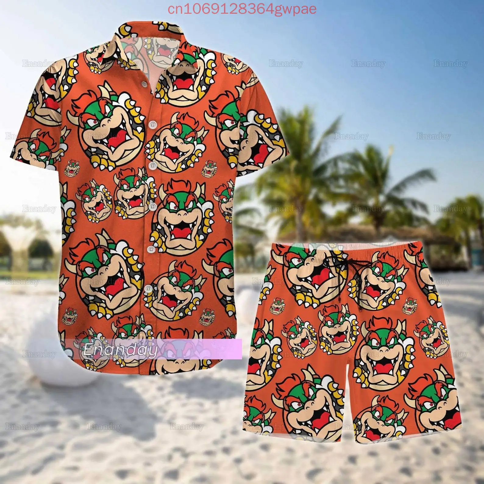 Super Mario Bowser Hawaiian Shirt Shorts Set Summer Men's Women's Casual Vacation Short Sleeve Beach Shirt Shorts Two-Piece Set