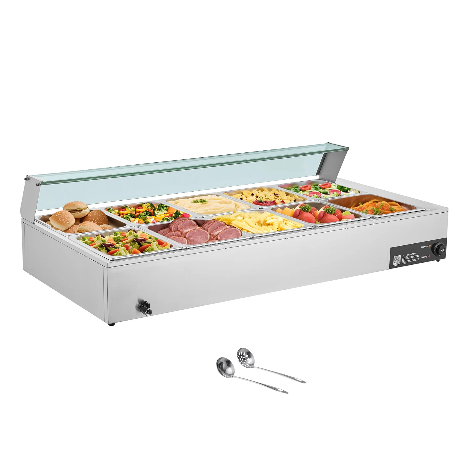 SucceBuy 10-Pan Commercial Food Warmer Electric Stainless Steel Steam Food Warmer with Glass Cover for Catering, Restaurant