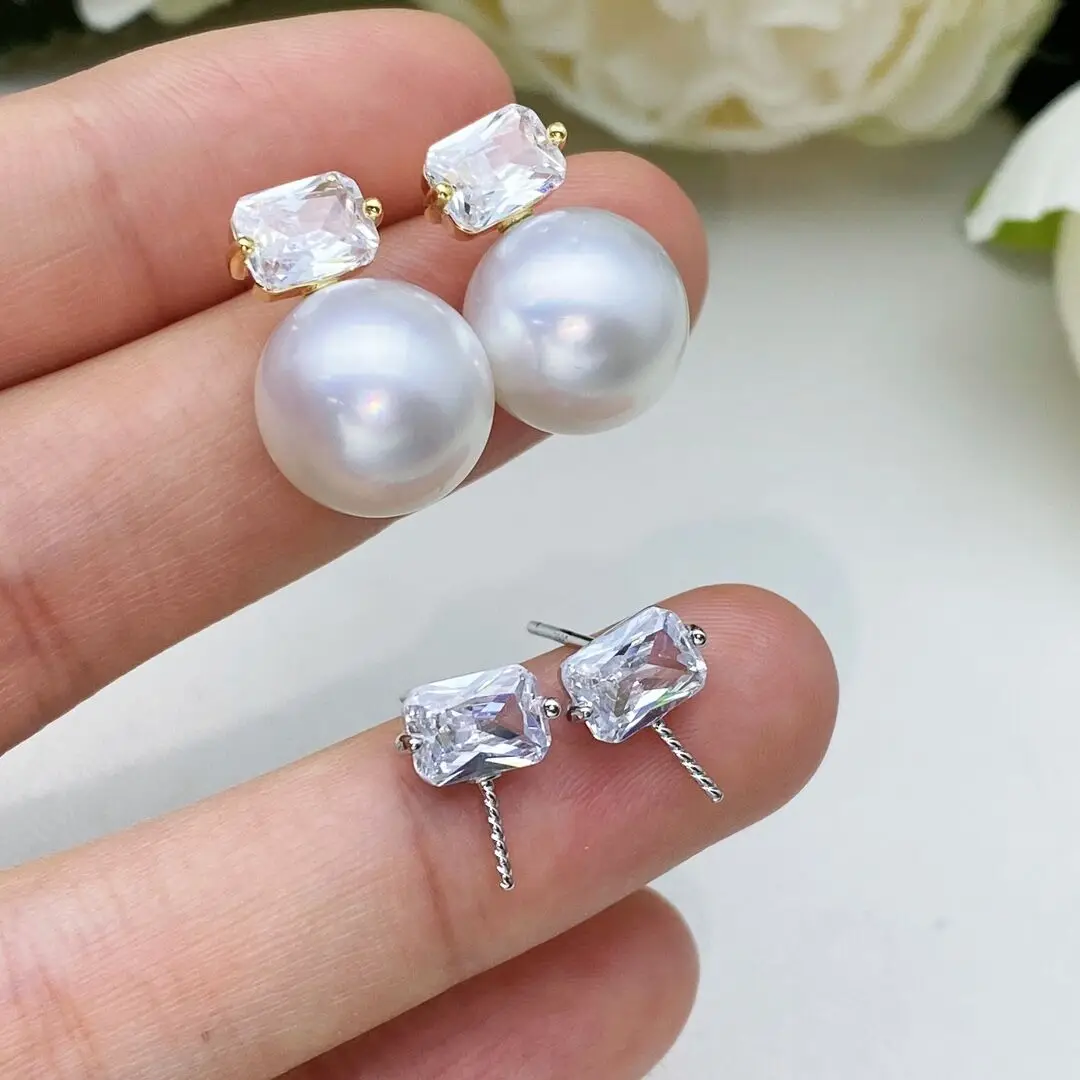 MeiBaPJ 10-11mm Big Natural Round Pearls Fashion Simple Stud Earrings DIY 925 Silver Holder Fine Wedding Jewelry for Women