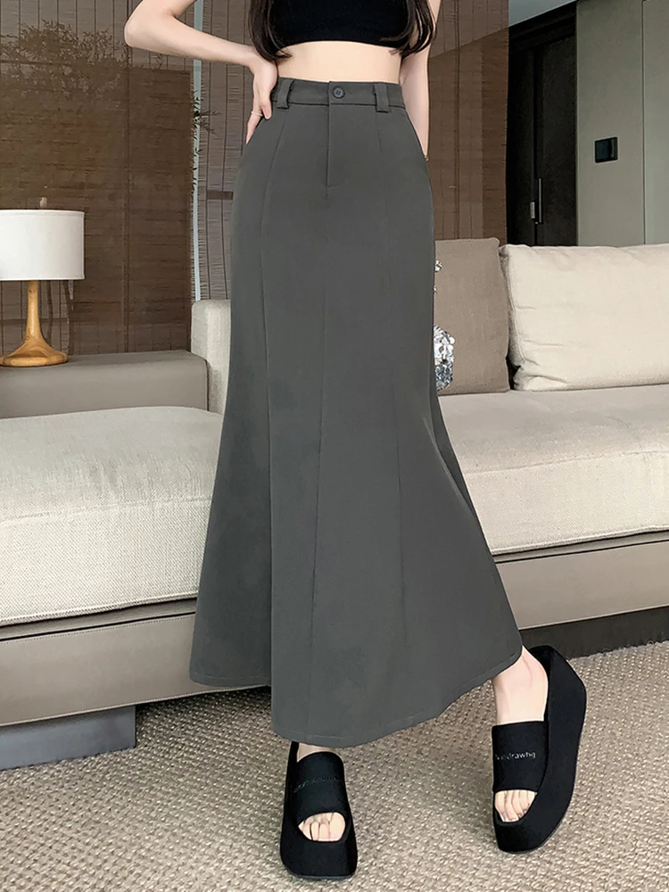 Falda larga de cola de pez de estilo coreano a la moda para mujer, faldas ceñidas Vintage de cintura alta para mujer, Falda Largas Beige, negro y gris