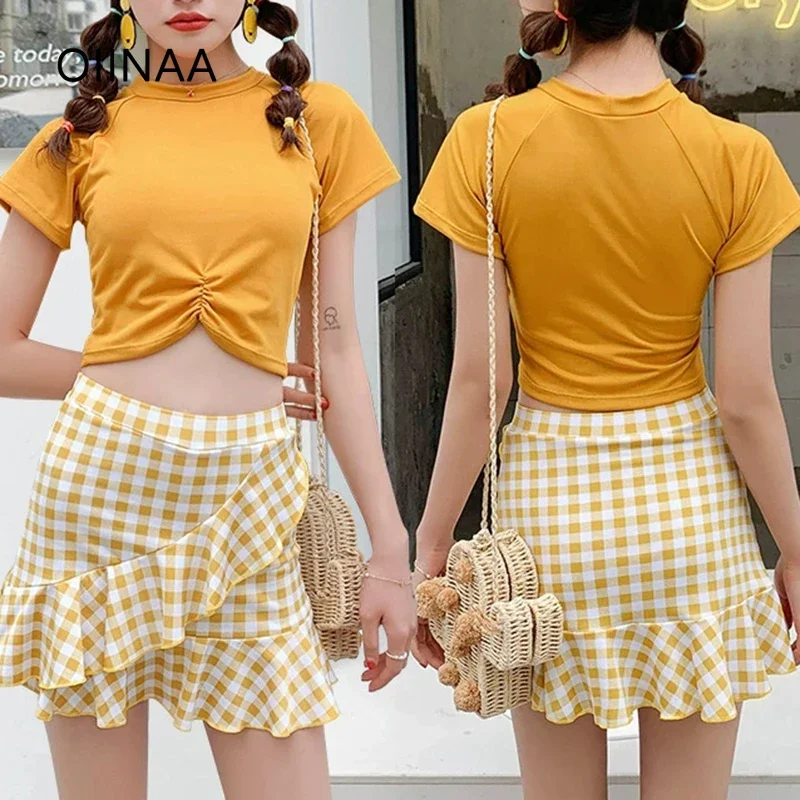 

OIINAA Swimwear Women O Neck Short Sleeve Bikini Set High Waisted Plaid Hot Spring Swimwear Summer 2025 New Korean Bathing Suit