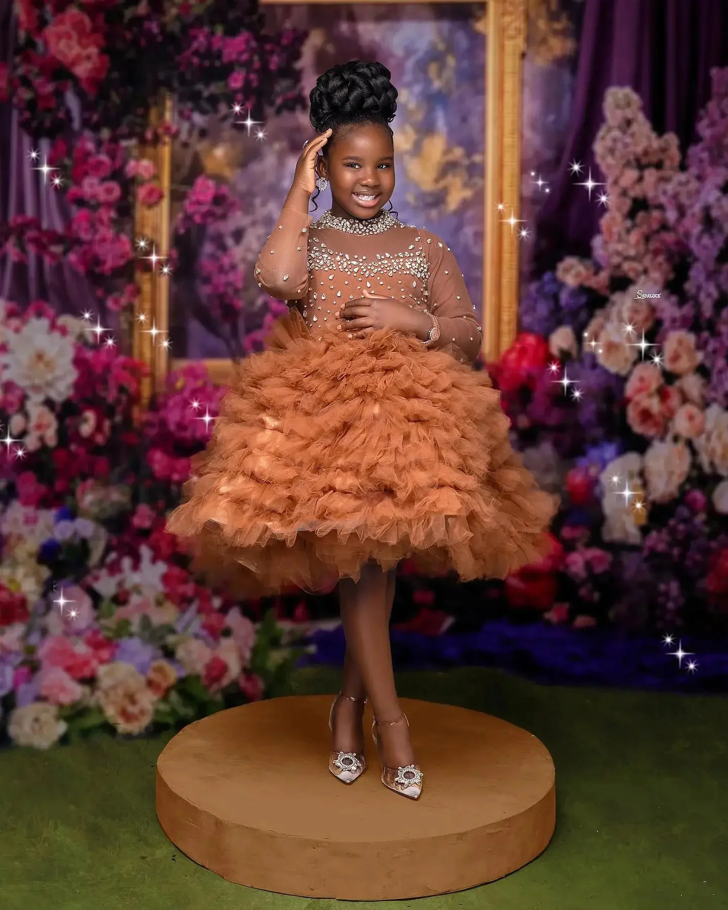 Flower Girl Dress For Wedding Long Sleeves With Bow Diamond BeadingTulle Tiered Kids Birthday Party First Communion Gown Custom