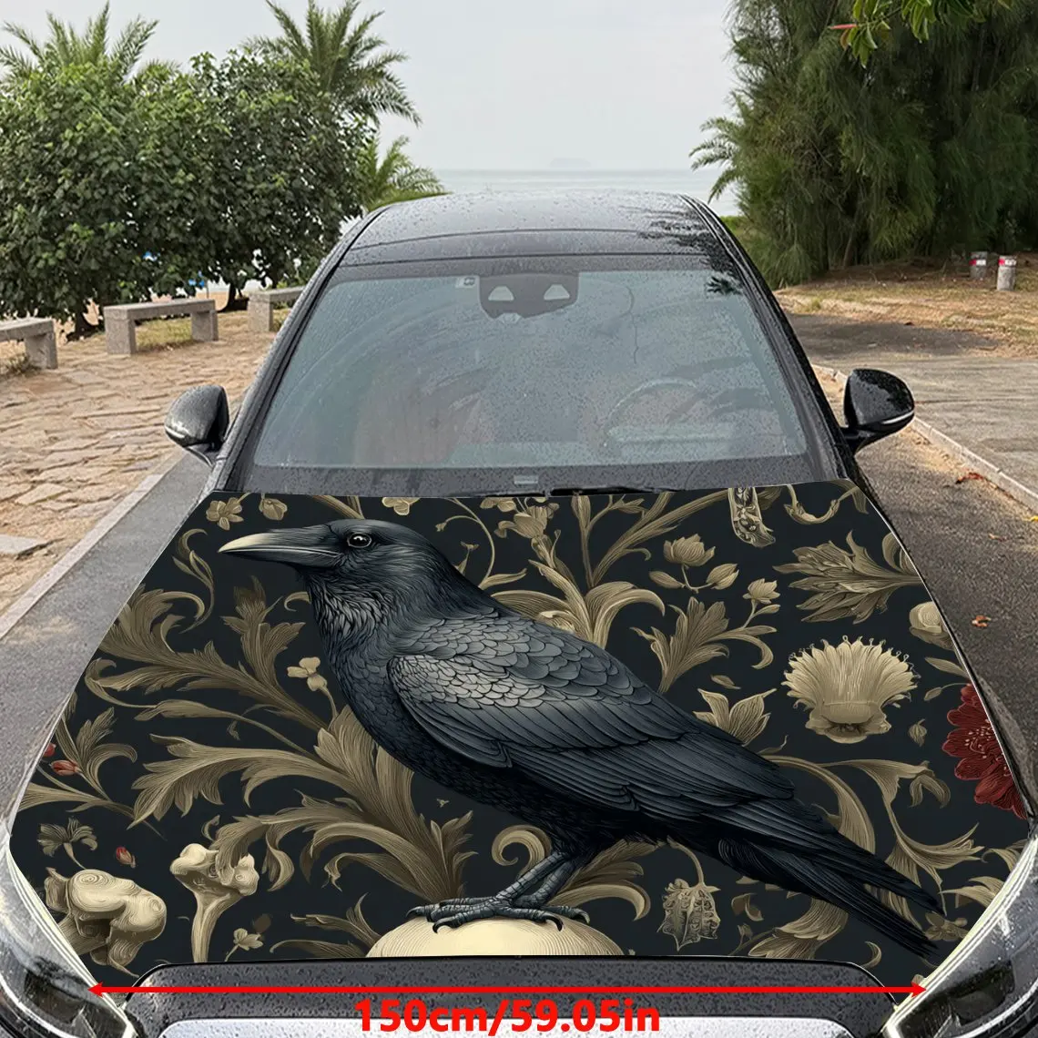Elegant Gilded Raven Print Car Hood Sticker,Waterproof Self-Adhesive Vinyl Graphics Decals,Decorative Auto Accessories Stickers