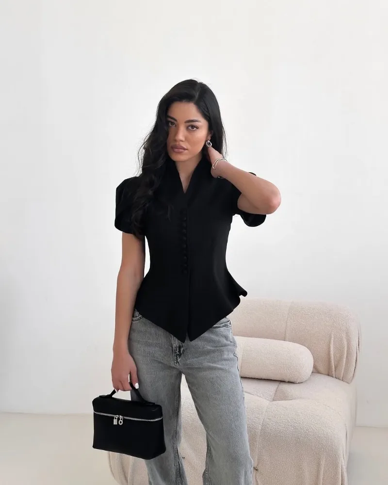 Damen Frühjahr 2026 Neu Schwarze Elegante Bluse Vintage V-Ausschnitt Puffärmel Korsett-Top Y2K Knopfleiste Slim Fit Unregelmäßiger Saum Büro-Hemd – Detail 7