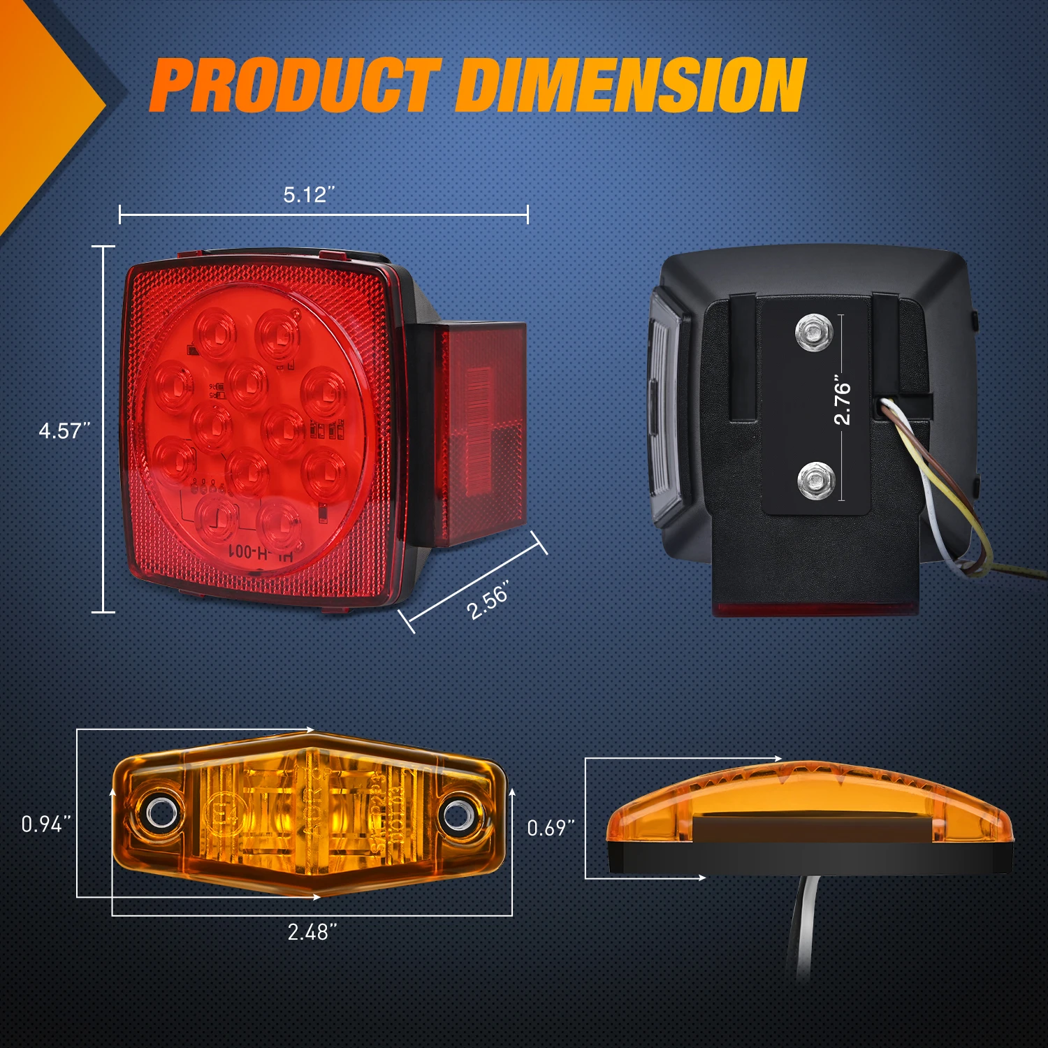 Nilight LED Trailer Light Kit Square Stop Turn Tail Red Amber Side Marker Lights Third Brake ID Bar for 12V Utility Boat Camper RV Trucks Marine Snowmobile | W/Third Brake ID Bar for 12V Utility Boat Camper RV Trucks Marine Snowmobile