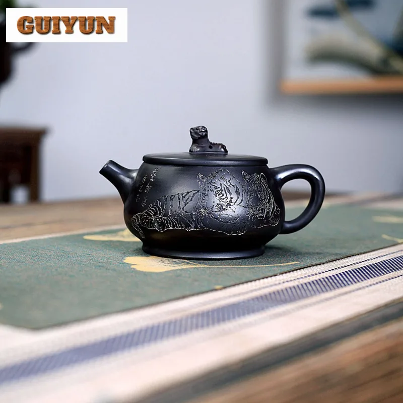 

260ml Elegant Yixing Purple Clay Teapots Handmade Lie Tiger Pot Raw Ore Stone Yellow Mud Kettle With Infuser Zisha Tea Set Craft