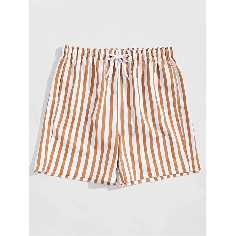 Thin Vertical Stripes Print Beach Short Men's Clothing Summer Daily Vacation Casual Quick Dry Board Shorts Drawstring Loose Pant