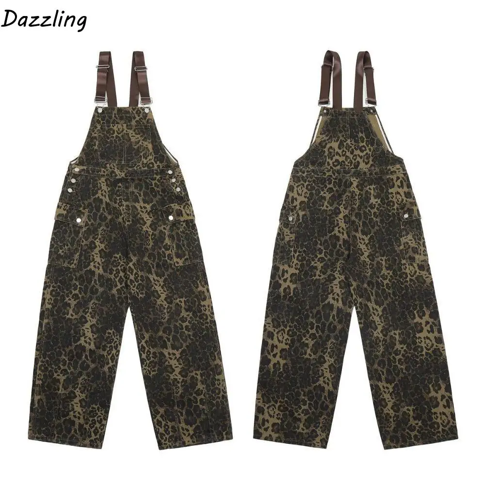 

Simple Baggy Leopard Print Overalls Wide Leg High Waist Rompers Women Y2k Straight Leg Ins Style Leopard Print Pants Party